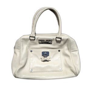 BRIGHTON MY FLAT IN LONDON Ivory Leather "Broker" Pink Logo Lined Top Handle Bag